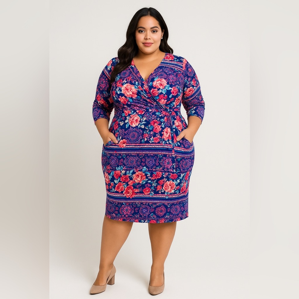 Single floral print three quarter sleeve sheath dress wrap front pockets size XL